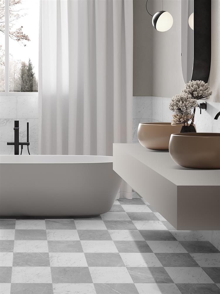 Grey and white checkerboard bathroom floor tiles